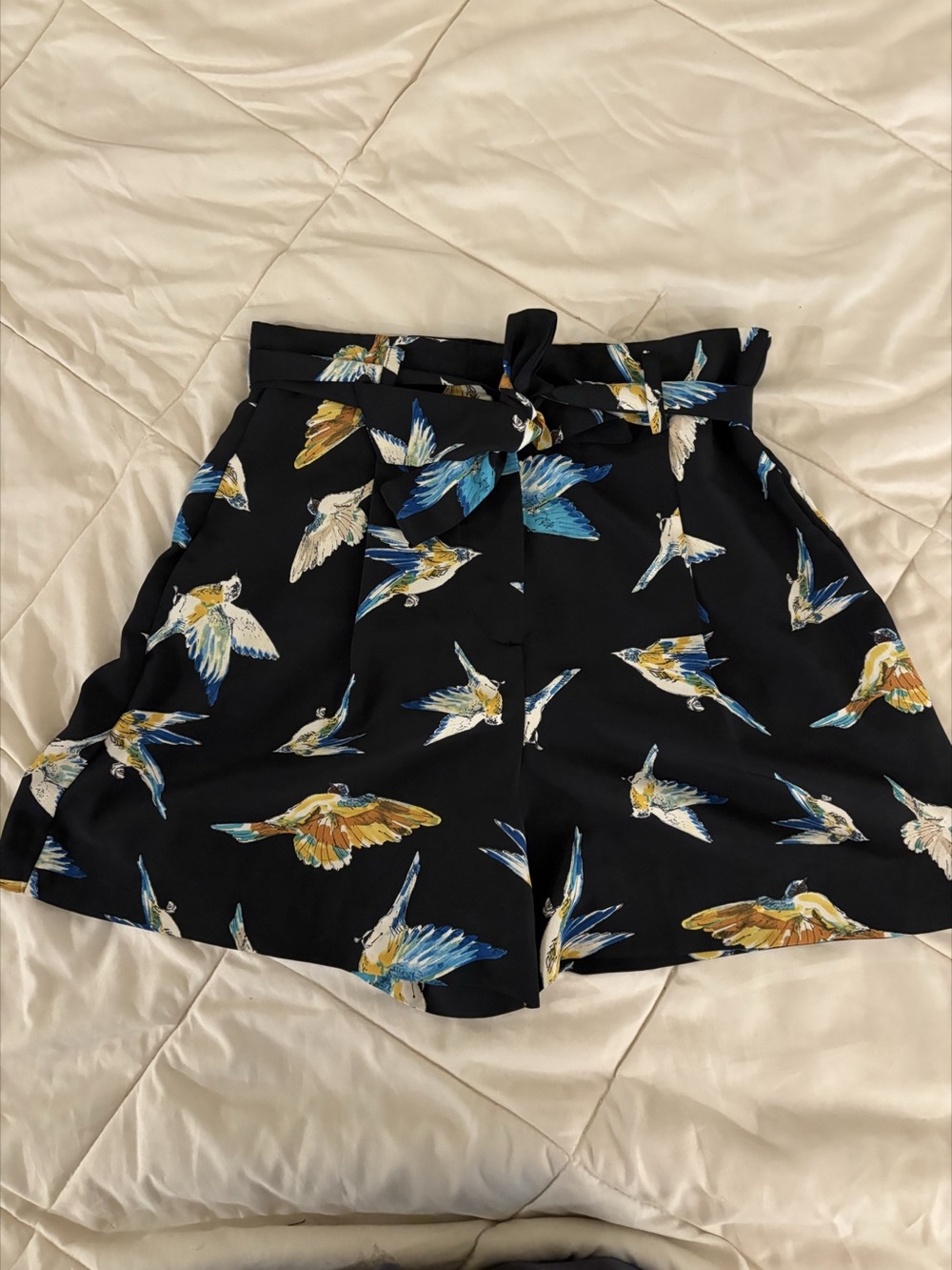 Zara Bird Print High Waist Shorts in Black & Blue